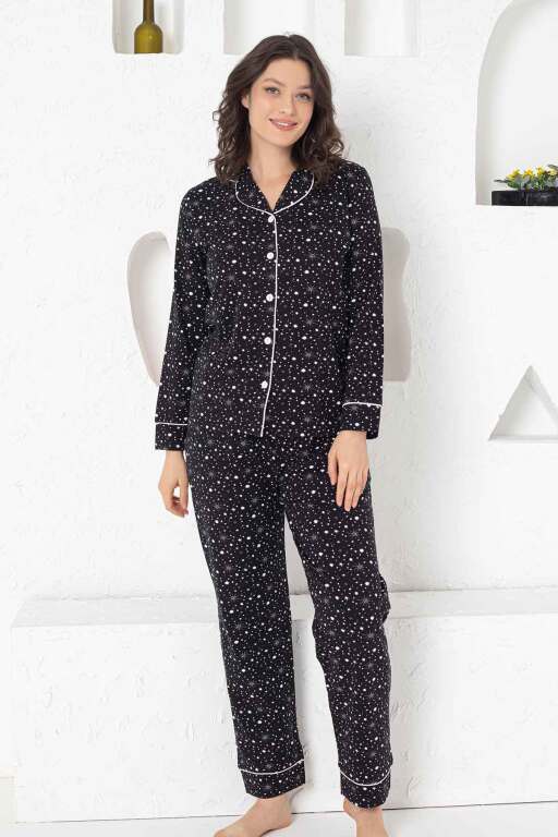 Kadın Pijama Takımı - Lacivert Önden Düğmeli Uzun Kollu Penye 2769UY - 4