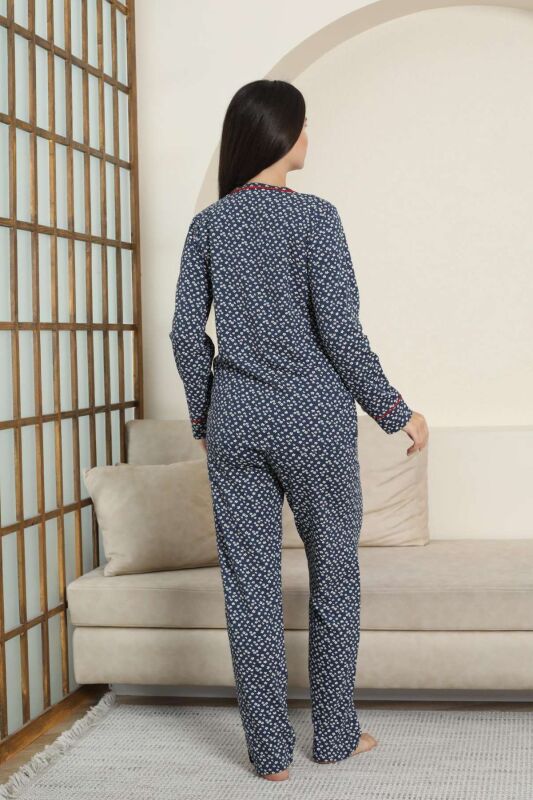 Kadın Pijama Takımı - Lacivert Papatya Desenli Uzun Kollu Likralı Pamuk 2881UK - 5