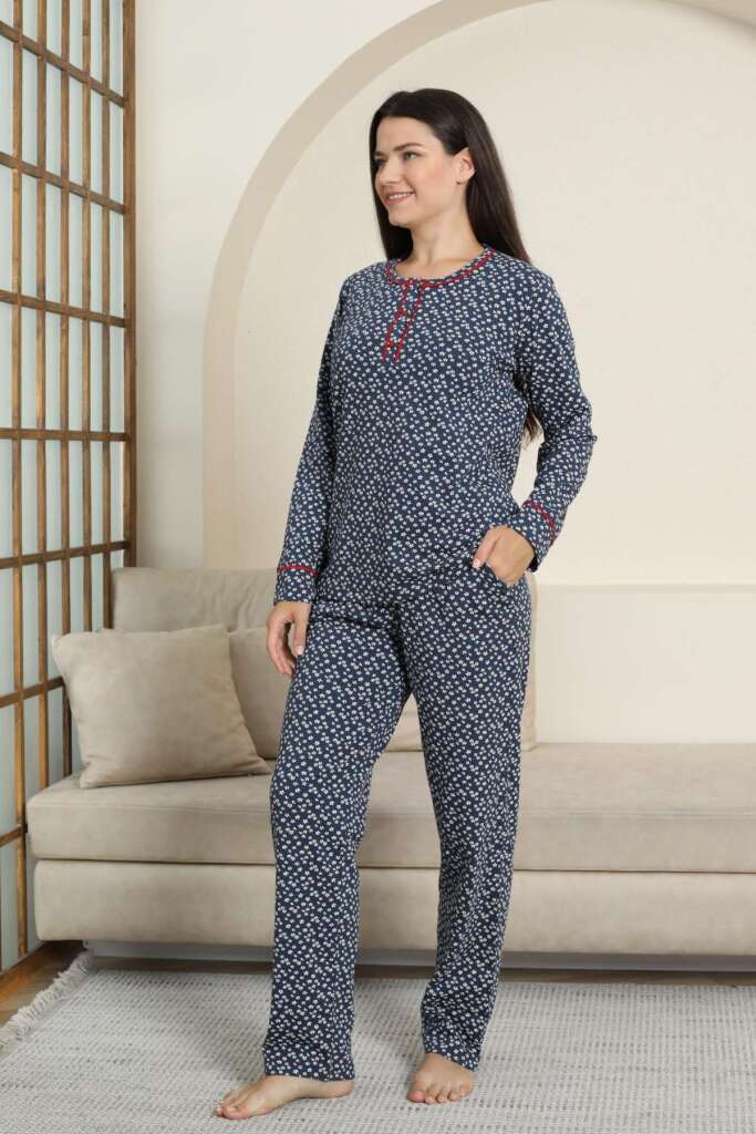 Kadın Pijama Takımı - Lacivert Papatya Desenli Uzun Kollu Likralı Pamuk 2881UK - 2