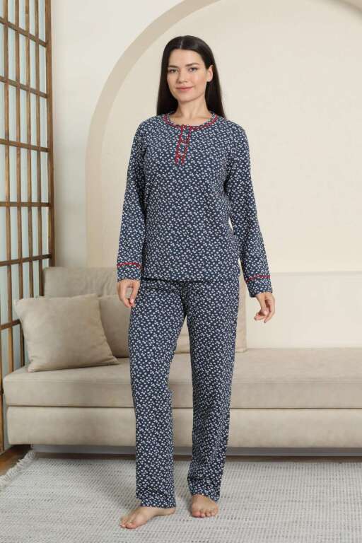 Kadın Pijama Takımı - Lacivert Papatya Desenli Uzun Kollu Likralı Pamuk 2881UK - Alimer