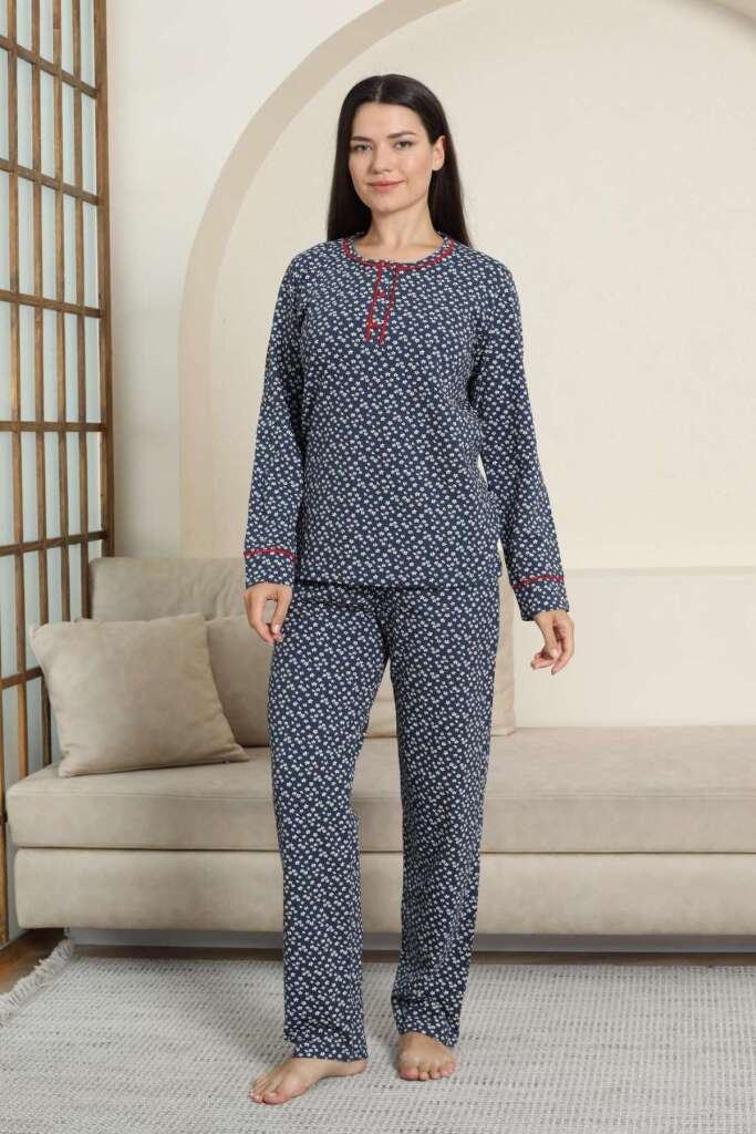 Kadın Pijama Takımı - Lacivert Papatya Desenli Uzun Kollu Likralı Pamuk 2881UK - 1