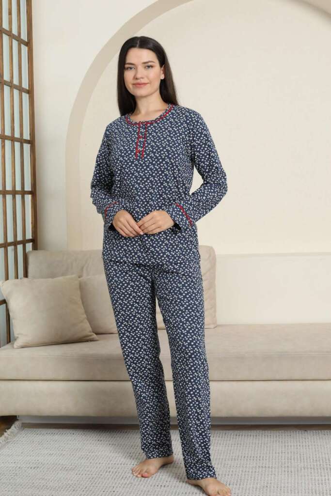 Kadın Pijama Takımı - Lacivert Papatya Desenli Uzun Kollu Likralı Pamuk 2881UK - 3