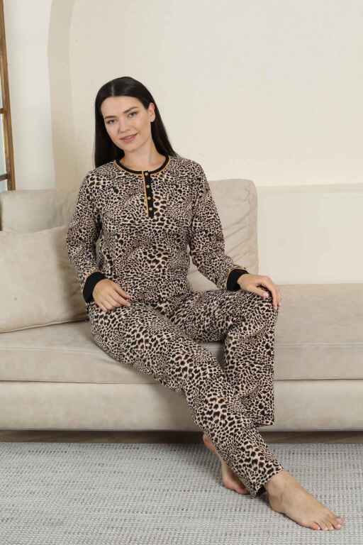 Kadın Pijama Takımı - Leopar Desenli Uzun Kollu Likralı Pamuk 2880UK - Alimer (1)
