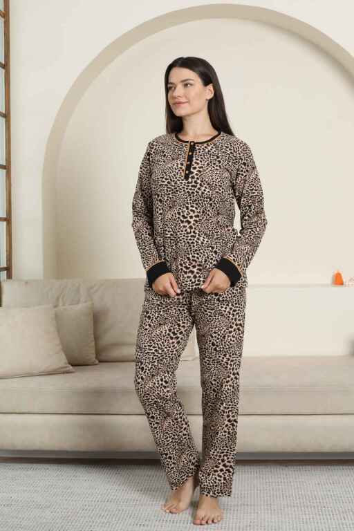 Kadın Pijama Takımı - Leopar Desenli Uzun Kollu Likralı Pamuk 2880UK - Alimer