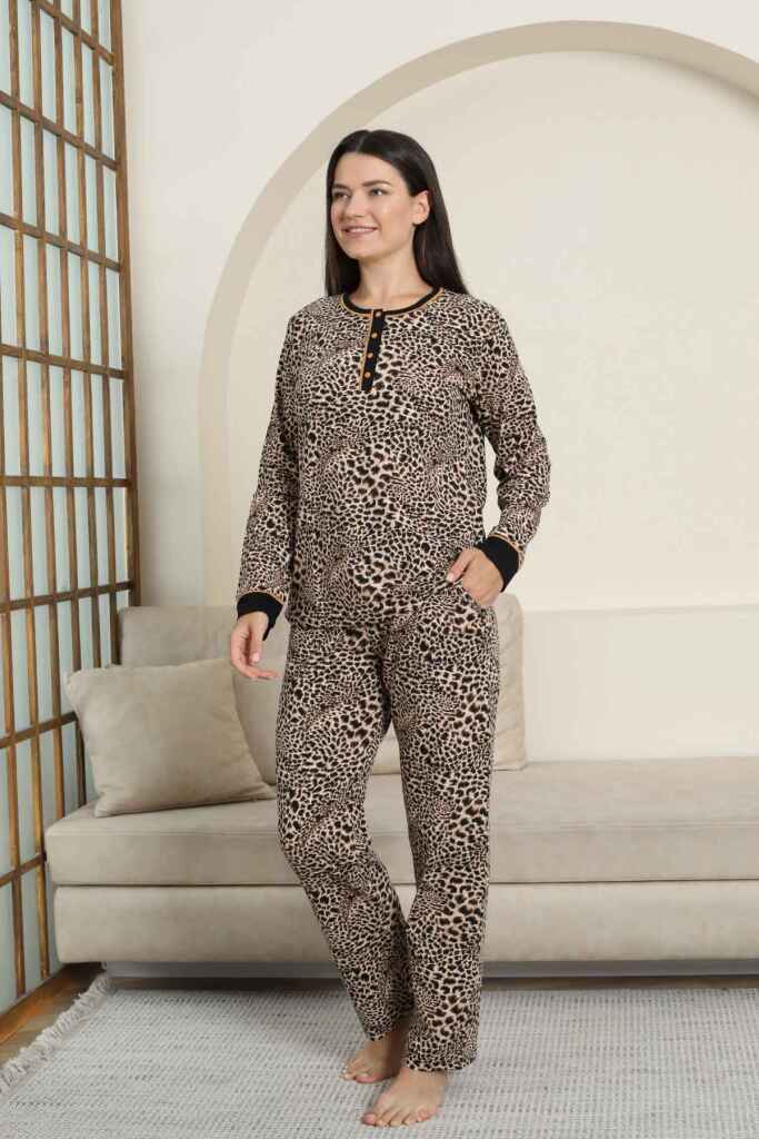 Kadın Pijama Takımı - Leopar Desenli Uzun Kollu Likralı Pamuk 2880UK - 3