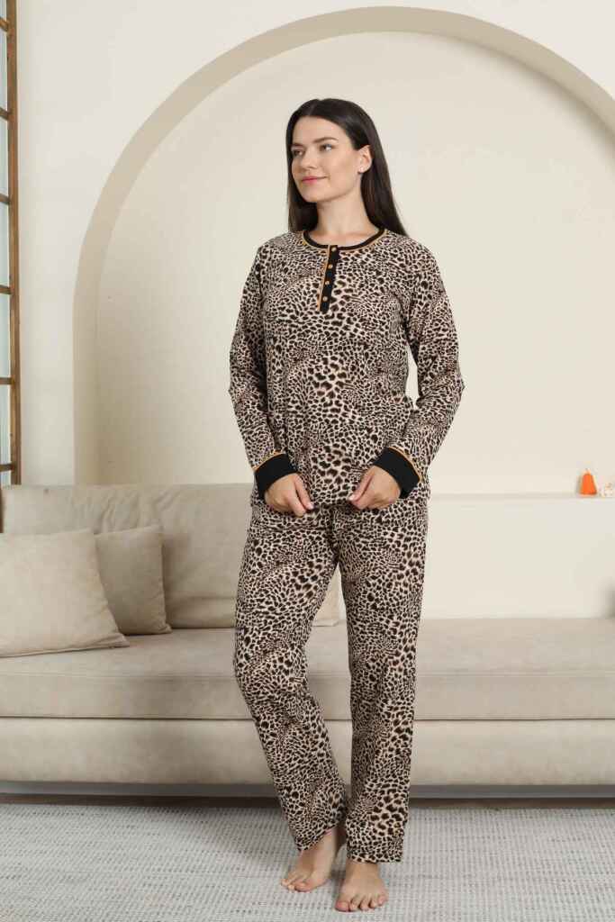 Kadın Pijama Takımı - Leopar Desenli Uzun Kollu Likralı Pamuk 2880UK - 1