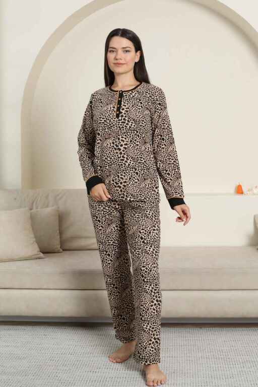 Kadın Pijama Takımı - Leopar Desenli Uzun Kollu Likralı Pamuk 2880UK - 4