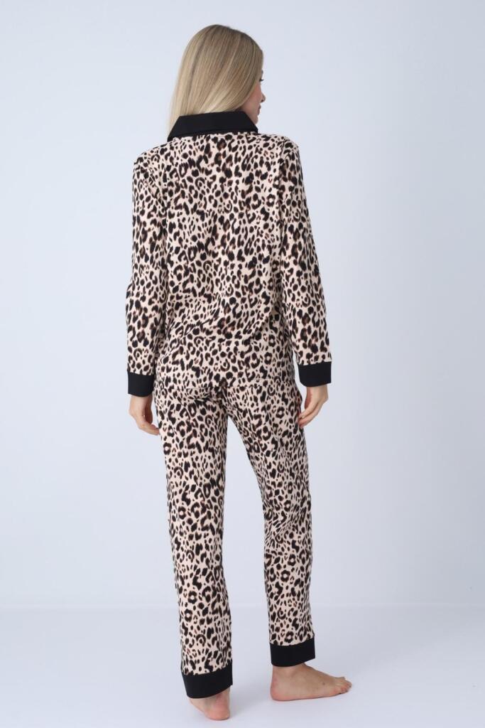 Kadın Pijama Takımı - Leopar Desenli Boydan Düğmeli % 100 Pamuk 2719UY - 6