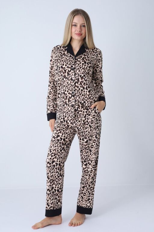 Kadın Pijama Takımı - Leopar Desenli Boydan Düğmeli % 100 Pamuk 2719UY - Alimer