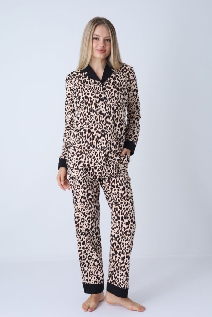 Kadın Pijama Takımı - Leopar Desenli Boydan Düğmeli % 100 Pamuk 2719UY - 5