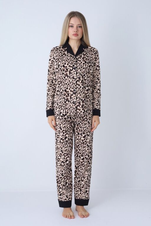Kadın Pijama Takımı - Leopar Desenli Boydan Düğmeli % 100 Pamuk 2719UY - 3