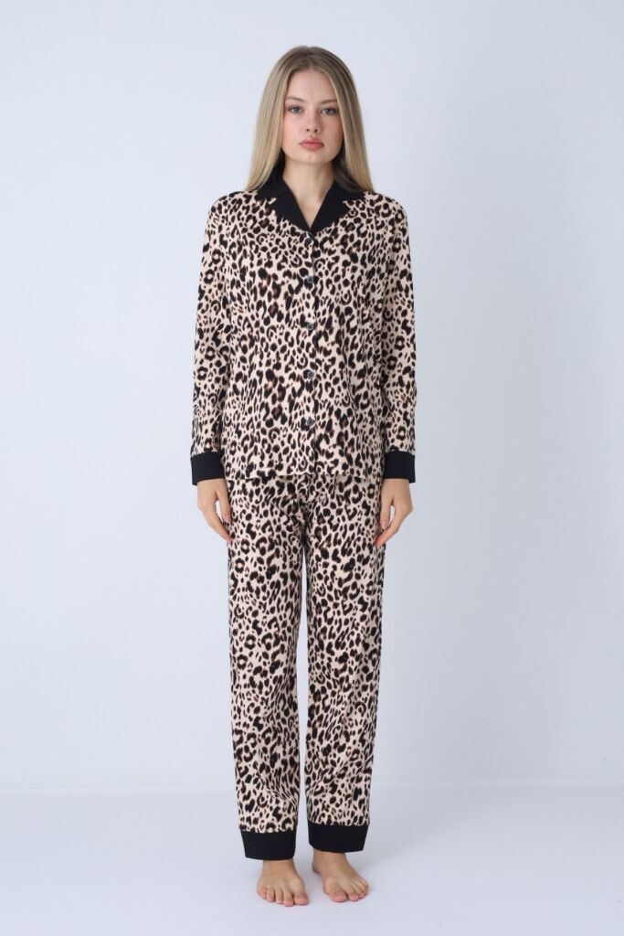 Kadın Pijama Takımı - Leopar Desenli Boydan Düğmeli % 100 Pamuk 2719UY - 3