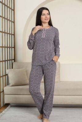 Kadın Pijama Takımı - Mürdüm Papatya Desenli Uzun Kollu Likralı Pamuk 2881UK - Alimer