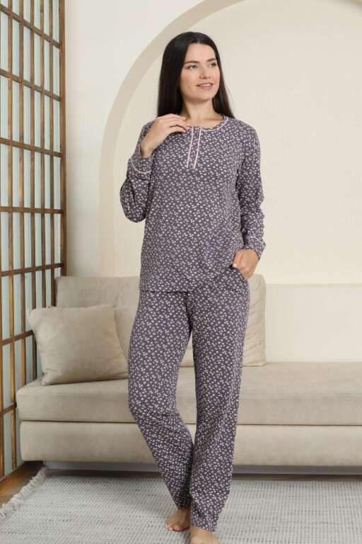 Kadın Pijama Takımı - Mürdüm Papatya Desenli Uzun Kollu Likralı Pamuk 2881UK - Alimer