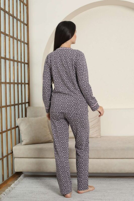 Kadın Pijama Takımı - Mürdüm Papatya Desenli Uzun Kollu Likralı Pamuk 2881UK - 5