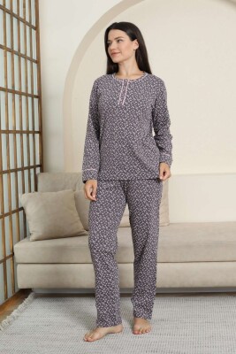 Kadın Pijama Takımı - Mürdüm Papatya Desenli Uzun Kollu Likralı Pamuk 2881UK - 3