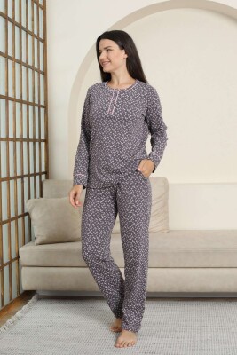 Kadın Pijama Takımı - Mürdüm Papatya Desenli Uzun Kollu Likralı Pamuk 2881UK - Alimer (1)