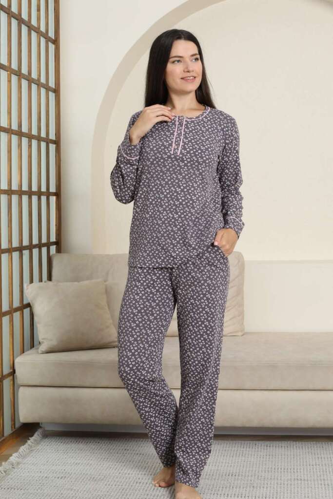 Kadın Pijama Takımı - Mürdüm Papatya Desenli Uzun Kollu Likralı Pamuk 2881UK - 1