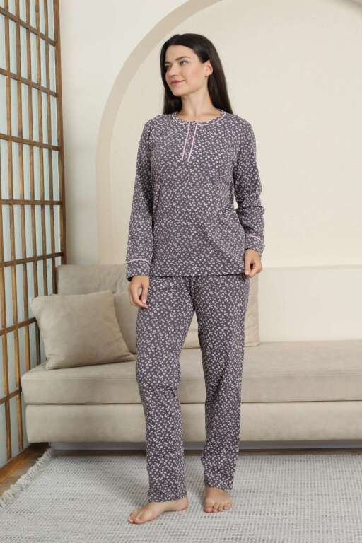 Kadın Pijama Takımı - Mürdüm Papatya Desenli Uzun Kollu Likralı Pamuk 2881UK - Alimer (1)