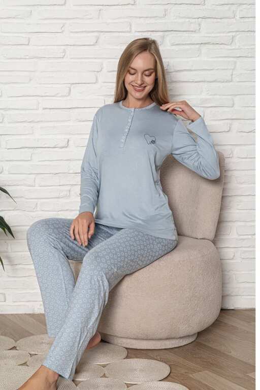 Kadın Pijama Takımı - Mavi Nakış Detaylı Uzun Kol Likralı Viskon 2924UY - 2