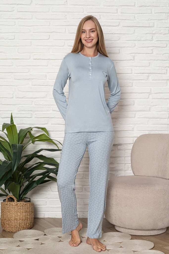 Kadın Pijama Takımı - Mavi Nakış Detaylı Uzun Kol Likralı Viskon 2924UY - 1