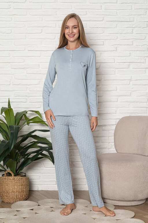 Kadın Pijama Takımı - Mavi Nakış Detaylı Uzun Kol Likralı Viskon 2924UY - 3