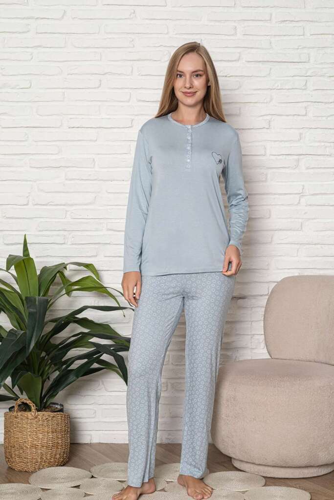 Kadın Pijama Takımı - Mavi Nakış Detaylı Uzun Kol Likralı Viskon 2924UY - 4