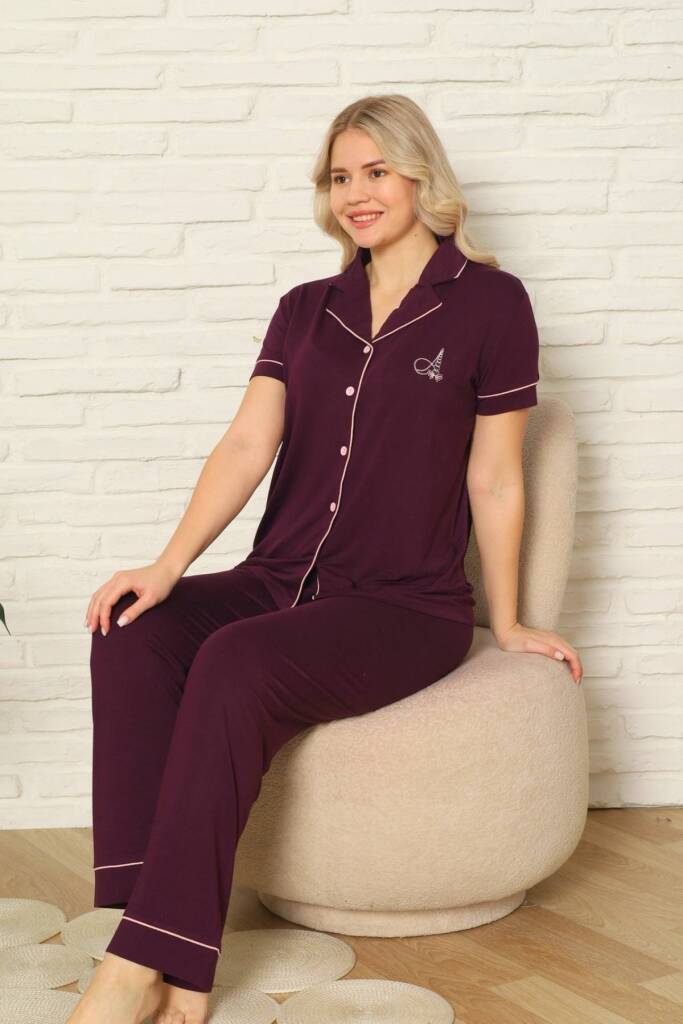 Kadın Pijama Takımı - Mor Önden Düğmeli Kısa Kollu Likralı Viskon 2782KY - 3
