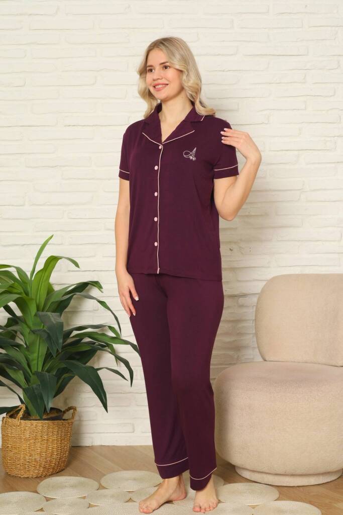 Kadın Pijama Takımı - Mor Önden Düğmeli Kısa Kollu Likralı Viskon 2782KY - 4