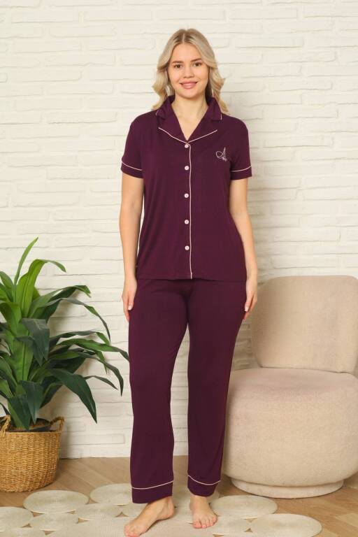Kadın Pijama Takımı - Mor Önden Düğmeli Kısa Kollu Likralı Viskon 2782KY - Alimer