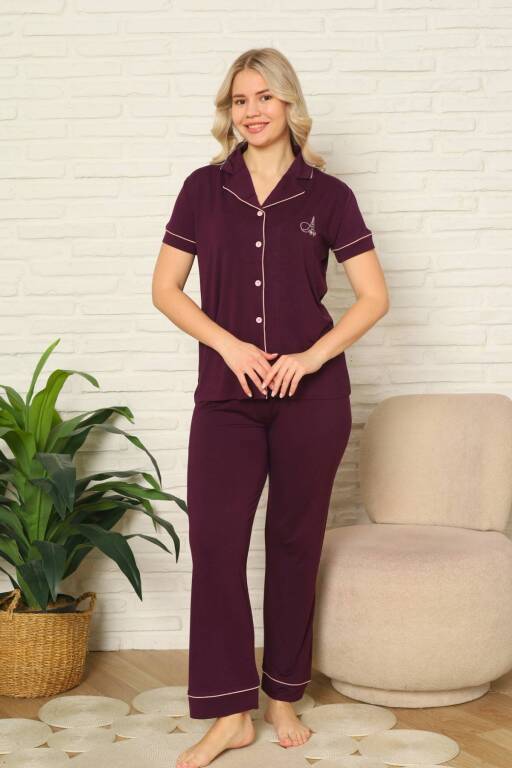 Kadın Pijama Takımı - Mor Önden Düğmeli Kısa Kollu Likralı Viskon 2782KY - Alimer (1)