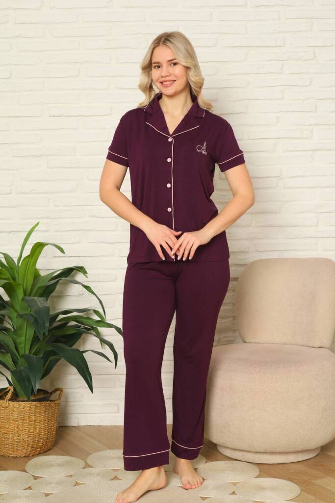 Kadın Pijama Takımı - Mor Önden Düğmeli Kısa Kollu Likralı Viskon 2782KY - 2