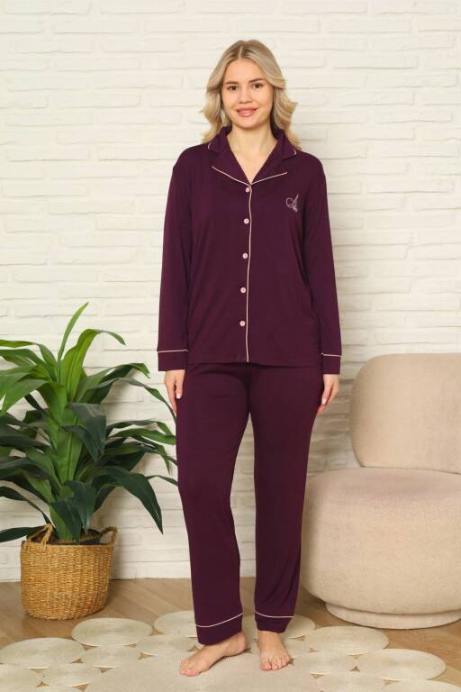Kadın Pijama Takımı - Mor Önden Düğmeli Uzun Kollu Likralı Viskon 2782UY - Alimer