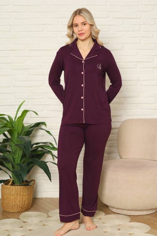 Kadın Pijama Takımı - Mor Önden Düğmeli Uzun Kollu Likralı Viskon 2782UY - Alimer (1)