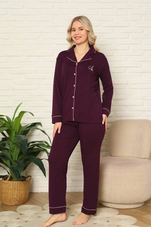 Kadın Pijama Takımı - Mor Önden Düğmeli Uzun Kollu Likralı Viskon 2782UY - 3