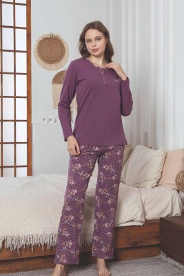 Kadın Pijama Takımı - Mürdüm Çiçek Desen Uzun Kol Likralı Penye 2892UKL - Alimer