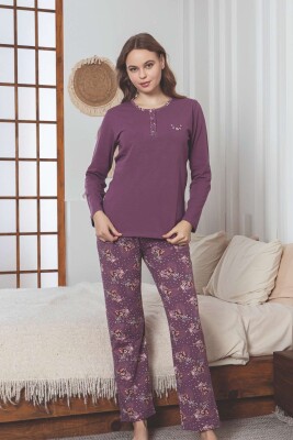 Kadın Pijama Takımı - Mürdüm Çiçek Desen Uzun Kol Likralı Penye 2892UKL - Alimer (1)