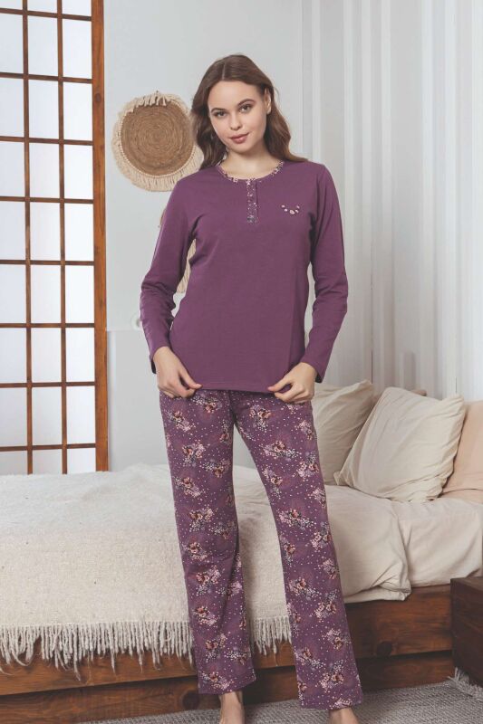 Kadın Pijama Takımı - Mürdüm Çiçek Desen Uzun Kol Likralı Penye 2892UKL - 2