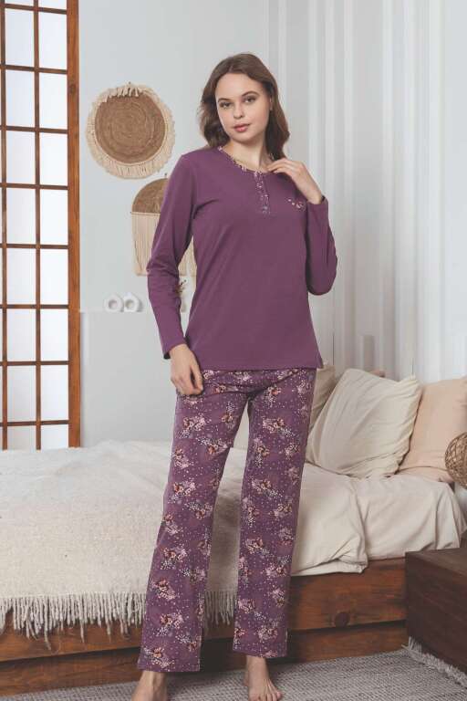 Kadın Pijama Takımı - Mürdüm Çiçek Desenli Uzun Kollu Likralı Pamuk 2892UKL - Alimer