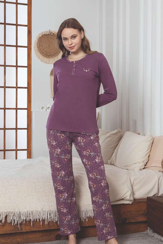 Kadın Pijama Takımı - Mürdüm Çiçek Desenli Uzun Kollu Likralı Pamuk 2892UKL - 2