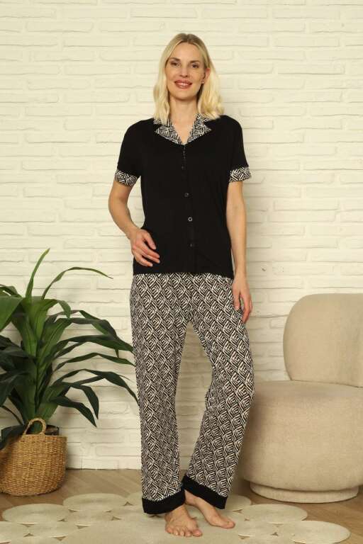 Kadın Pijama Takımı - Siyah Önden Düğmeli Kısa Kollu Likralı 2904KY - Alimer