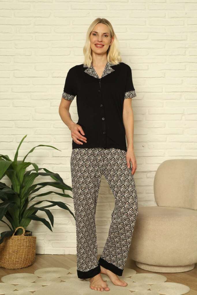 Kadın Pijama Takımı - Siyah Önden Düğmeli Kısa Kollu Likralı 2904KY - 1