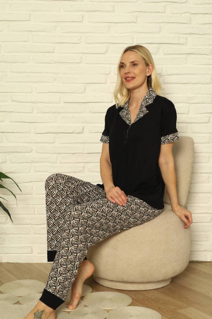 Kadın Pijama Takımı - Siyah Önden Düğmeli Kısa Kollu Likralı 2904KY - 2