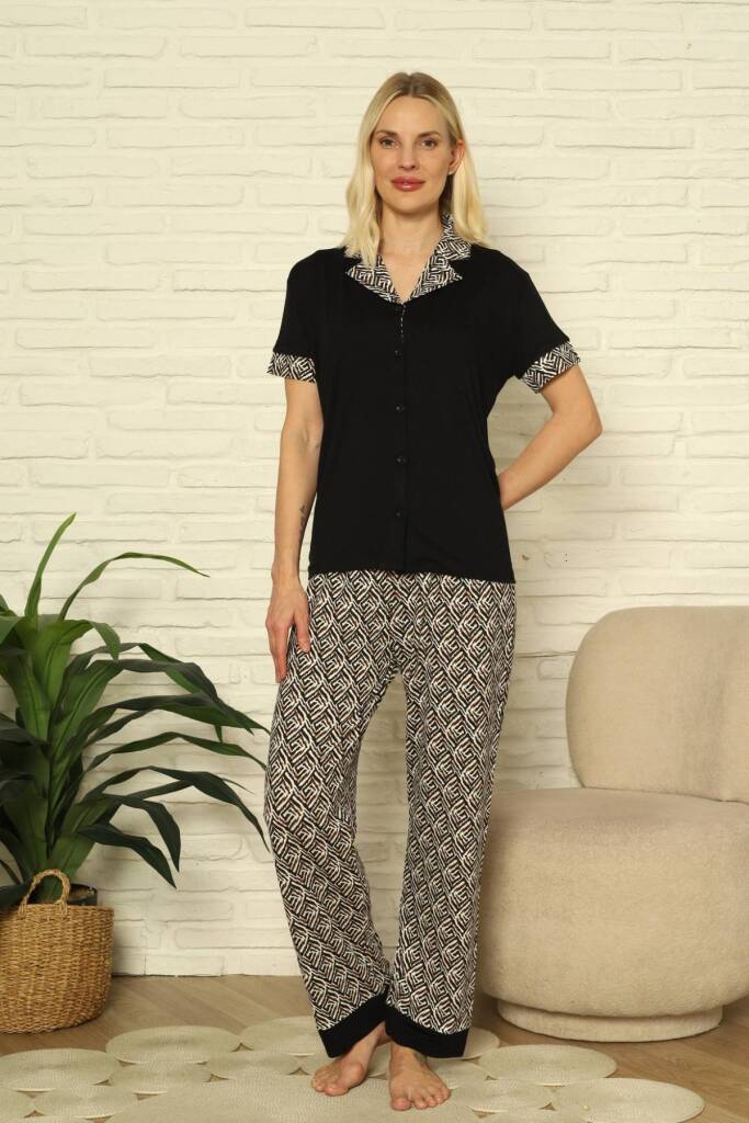 Kadın Pijama Takımı - Siyah Önden Düğmeli Kısa Kollu Likralı 2904KY - 3