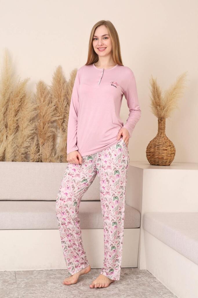 Kadın Pijama Takımı - Pembe 3D Kelebek Desenli Uzun Kol Likralı Viskon 2876UY - 3