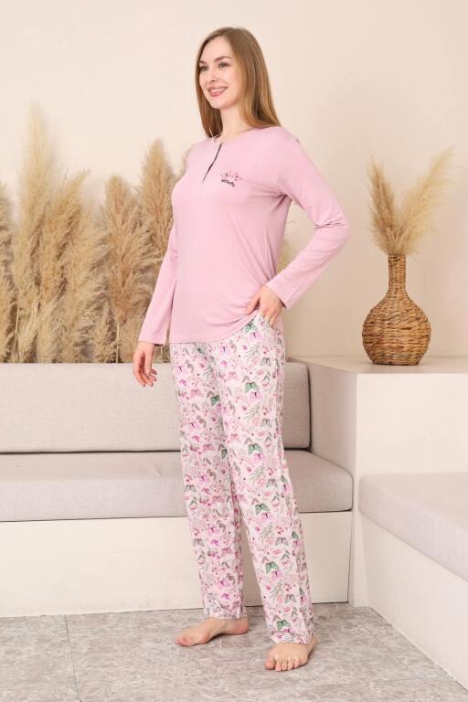 Kadın Pijama Takımı - Pembe 3D Kelebek Desenli Uzun Kol Likralı Viskon 2876UY - 4