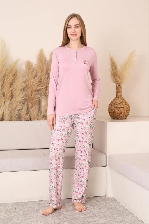 Kadın Pijama Takımı - Pembe 3D Kelebek Desenli Uzun Kol Likralı Viskon 2876UY - Alimer