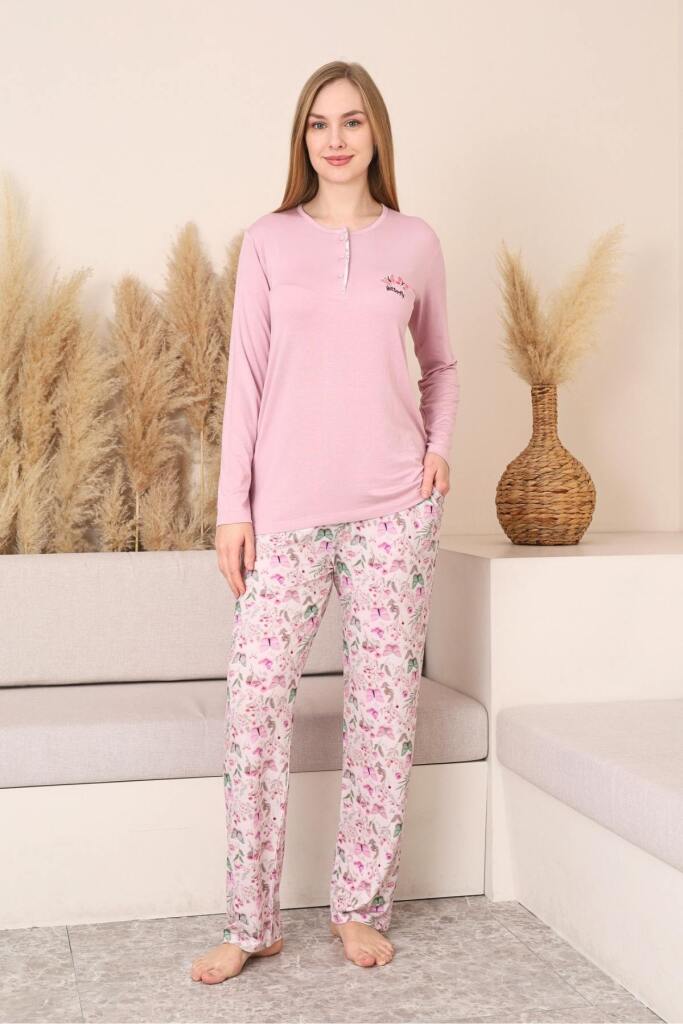Kadın Pijama Takımı - Pembe 3D Kelebek Desenli Uzun Kol Likralı Viskon 2876UY - 1