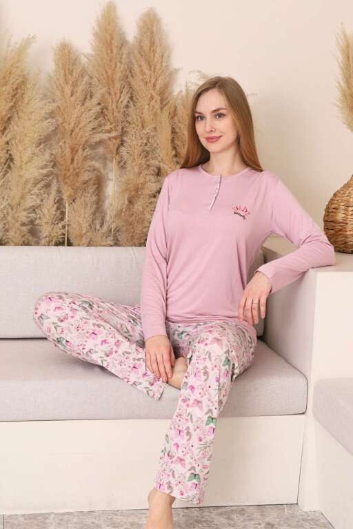 Kadın Pijama Takımı - Pembe 3D Kelebek Desenli Uzun Kol Likralı Viskon 2876UY - Alimer (1)