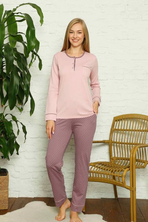 Kadın Pijama Takımı - Gül kurusu Puantiyeli Uzun Kollu Pamuk 2672UY - Alimer